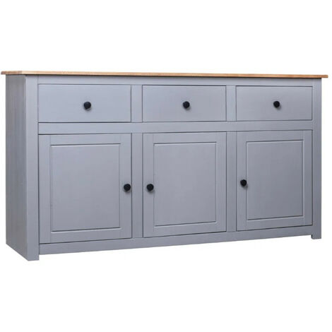 Buffet 3 portes 3 tiroirs en bois de pin massif Autika 135cm – Élégance rustique et praticité-Gris