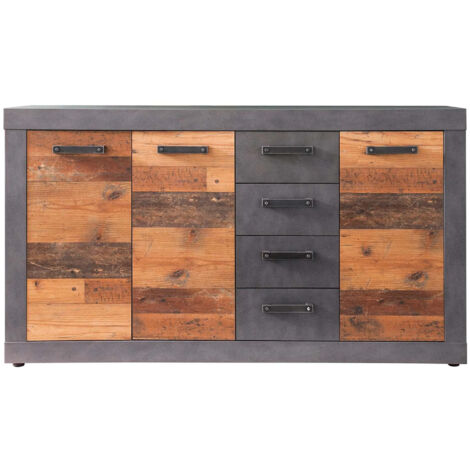 Buffet 3 portes 4 tiroirs 151x37x86 cm en panneaux de particules mélaminés – Décor bois vieilli et gris ardoise – Design moderne – Trendteam