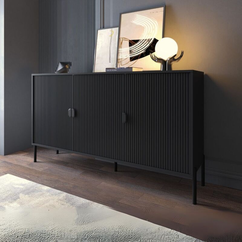 Buffet 3 portes avec façades cannelées noir mat 153,5x49x87,4H cm - Blast