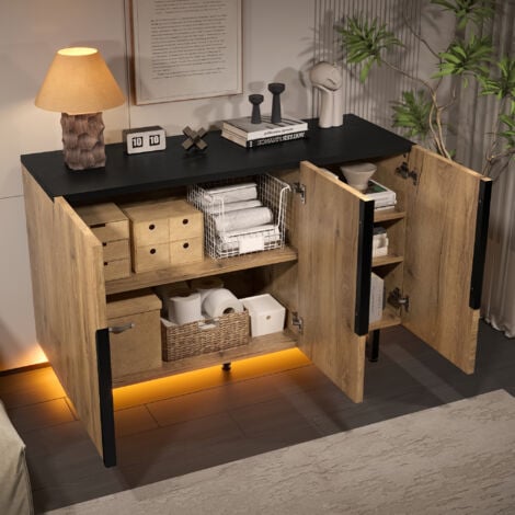 HAUSS SPOLE Buffet 3 portes avec LED, meuble de rangement - salon / entrée, étagères réglables et pieds réglables en hauteur, naturel