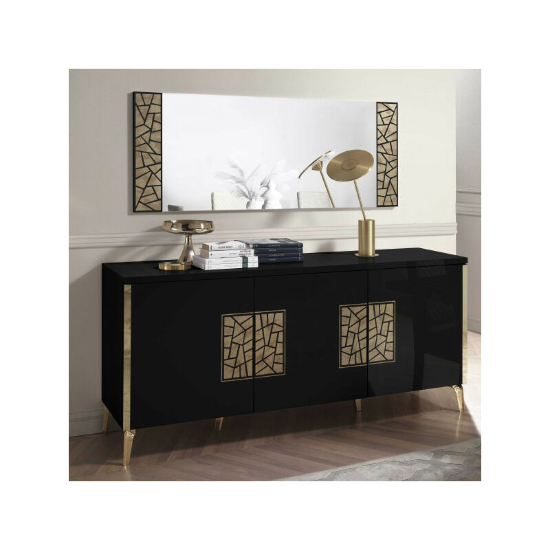 Buffet 3 portes battantes + miroir noir brillant/Or - nahesa - Buffet : l 180 x l 48 x h 83 cm Miroir : l 150 x l 2 x h 60 cm