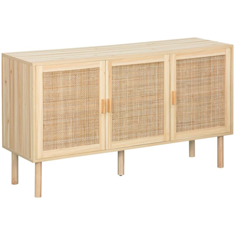 Sweeek - Buffet 3 portes et 3 étagères cannage et effet bois. Piètement et poignées en bois de sapin. buffet bas. l 120 x p 39 x h 70cm camargue