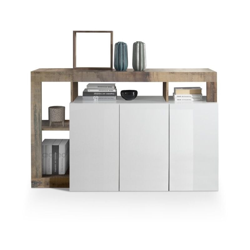 Meublorama - Buffet 3 portes collection bura, coloris blanc laqué brillant et chêne clair