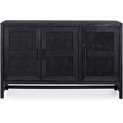 Buffet 3 portes en bois massif noir de manguier et rotin noir Waky 125cm