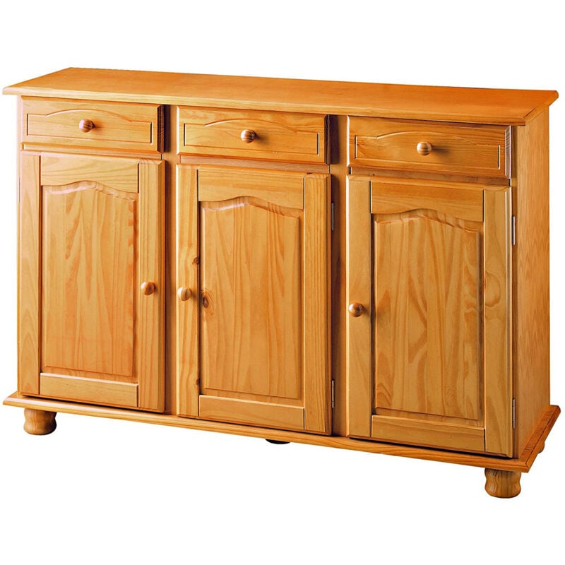 Pegane - Buffet 3 portes en pin massif coloris miel - Longueur 130 x Profondeur 42 x Hauteur 86 cm
