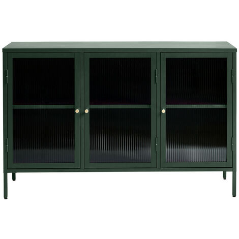 Buffet 3 portes en verre strié et métal L132cm - Vert foncé - BJORN