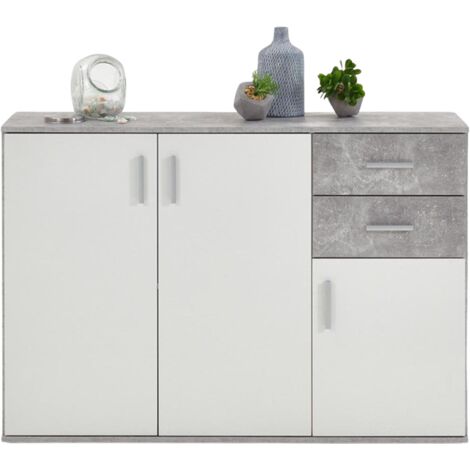 Buffet 3 portes et 2 tiroirs 120 cm gris béton et blanc - FONZY