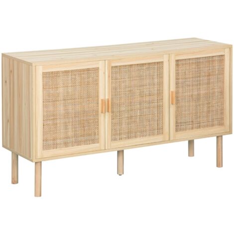 Buffet 3 portes et 3 étagères cannage et effet bois. Piètement et poignées en bois de sapin. buffet bas. L 120 x P 39 x H 70cm CAMARGUE