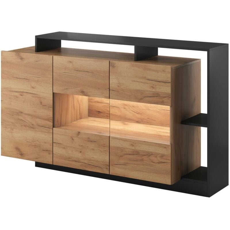 Buffet 3 portes et 3 niches avec LEDs - Coloris : Naturel et anthracite - IDESIA