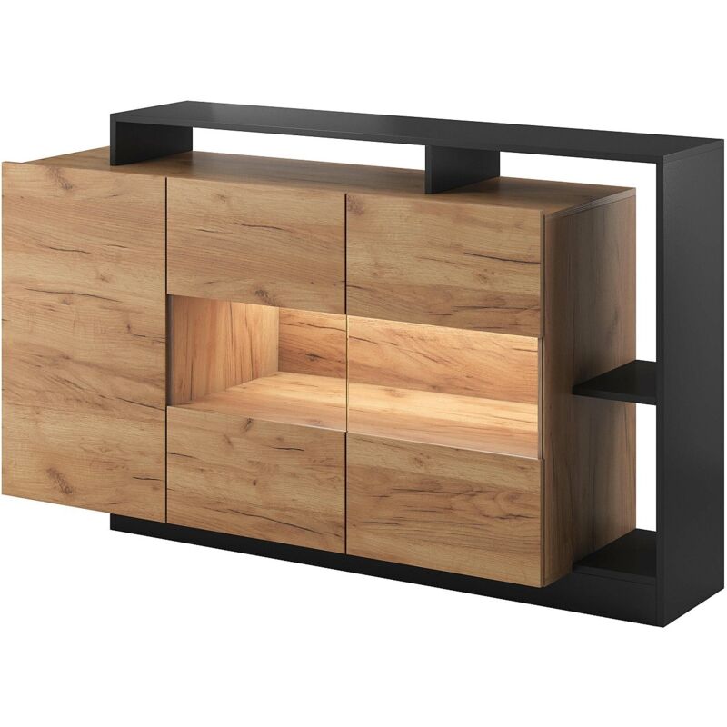 Vente-unique - Buffet 3 portes et 3 niches avec LEDs - Coloris : Naturel et anthracite - IDESIA, One Size