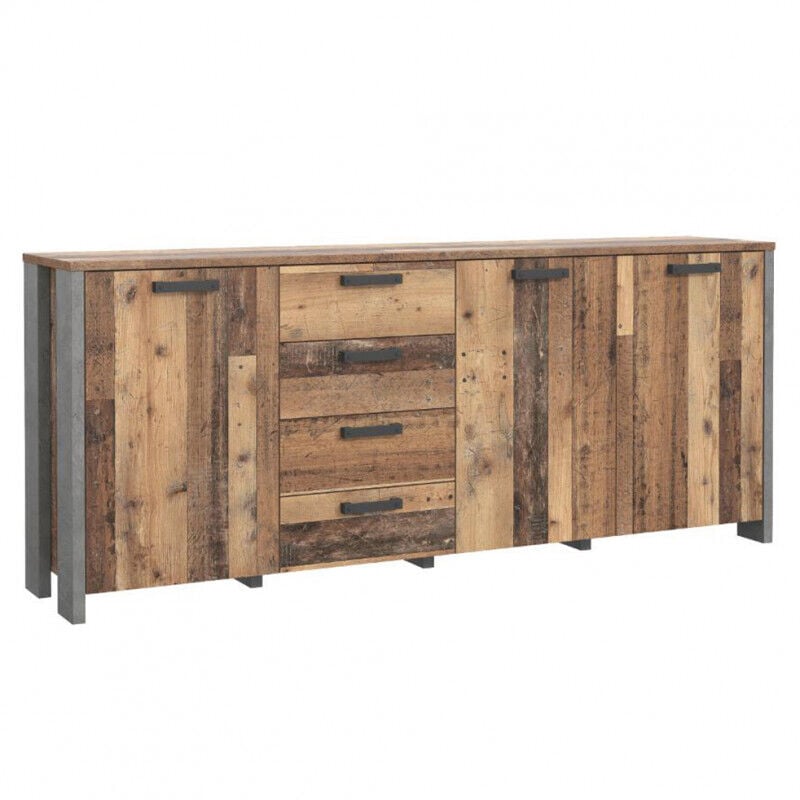 Buffet 206 cm 3 portes 4 tiroirs décor bois vieilli et béton - buck