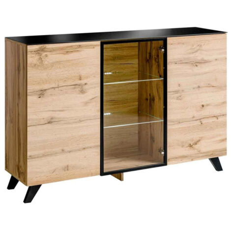 Buffet 3 Portes LED "Thin" 150cm Noir & Naturel