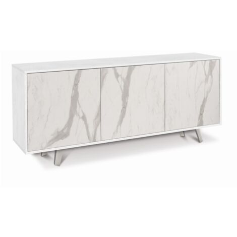 Buffet 3 portes marbre bianco ossido 177x41x74 cm – Structure bois mélaminé – Ouverture push – Étagère centrale – Pieds chrome satiné – Sarmog - 177x41x