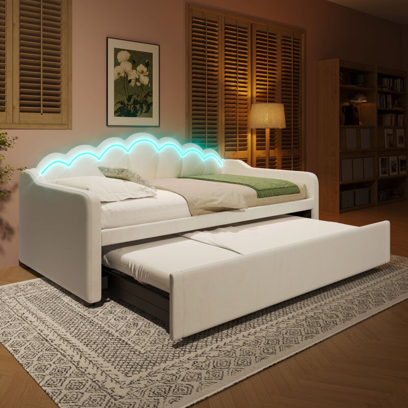 Hauss Spole - Canapé-lit enfant adulte 180x200 cm, led, Tête de lit ondulée, lit gigogne, sans matelas, velours, beige
