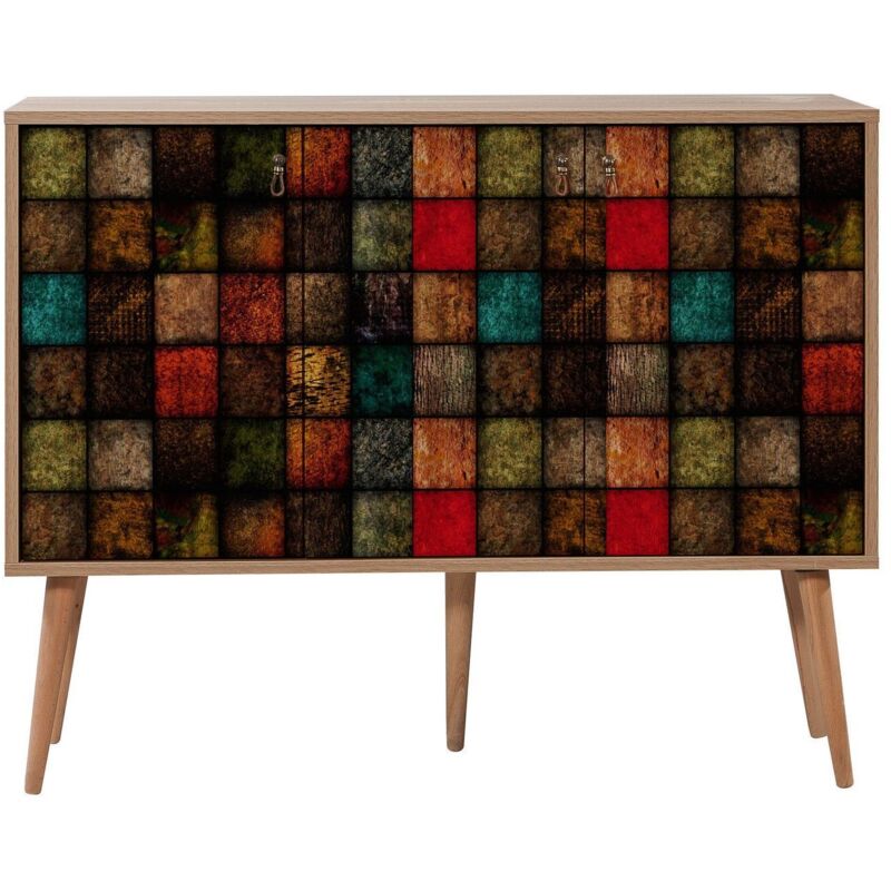 Buffet 3 portes en bois clair et damier multicolors Kiza 723 Buffet 3 portes en bois clair et damier multicolors Kiza 723