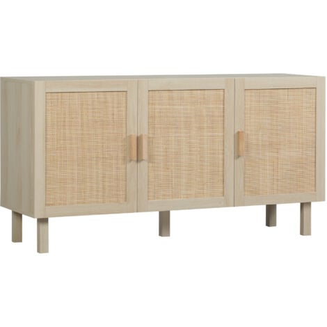 Buffet 3 portes style bohème chic cannage en rotin panneaux aspect bois clair