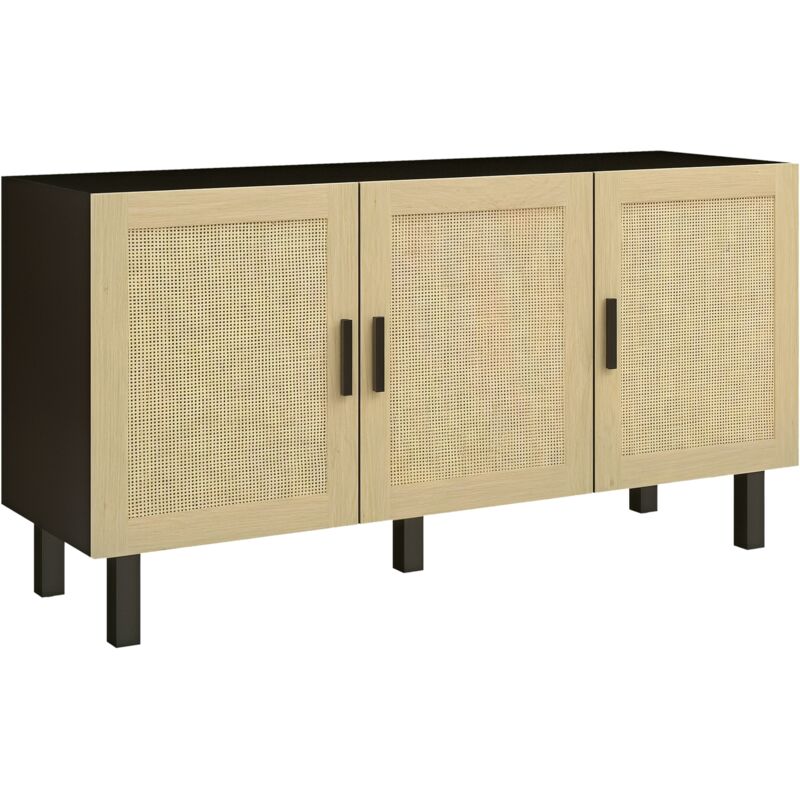 Homcom - Buffet 3 portes style bohème chic cannage en rotin panneaux aspect bois clair noir