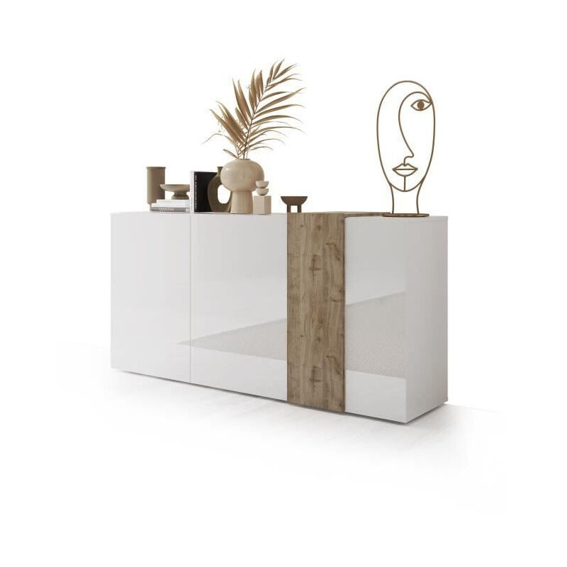 Buffet 3 Portes venezia - Blanc laqué brillant et chene Cadiz - l 181 x p 44 x h 84 cm