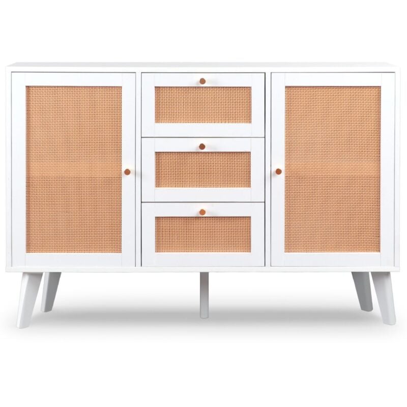Cotecosy - Buffet 3 tiroirs et 2 portes avec cannage Dalgora L120cm Blanc