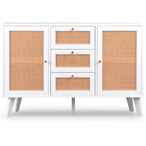 Buffet 3 tiroirs et 2 portes en bois blanc avec cannage – Dimensions L120 x P40 x H80 cm – Élégant pour salon ou chambre