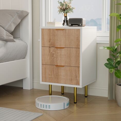 Buffet 3 tirtors, Commode Chambre 40 x 40 x 65, Meuble bas, Armoire Tiroirs, Tour de Rangement, pour Salon, Chambre, Salle à Manger, Blanc, couleur bois naturel