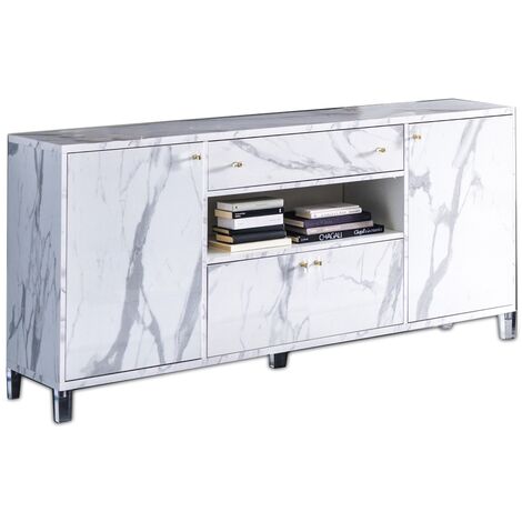 Buffet 4 portes 1 tiroir bois blanc effet marbre vernis Botela 190cm