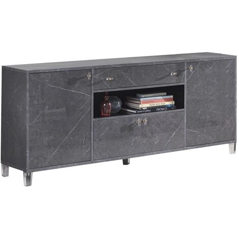 Buffet 4 portes 1 tiroir bois gris effet marbre vernis Botela 190cm
