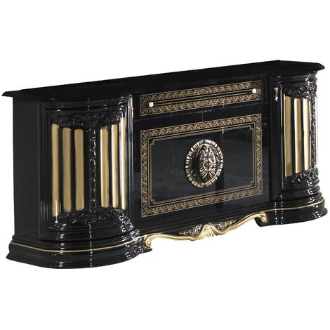 Buffet 4 portes 1 tiroir bois vernis laqué brillant noir et doré Lesly 168cm