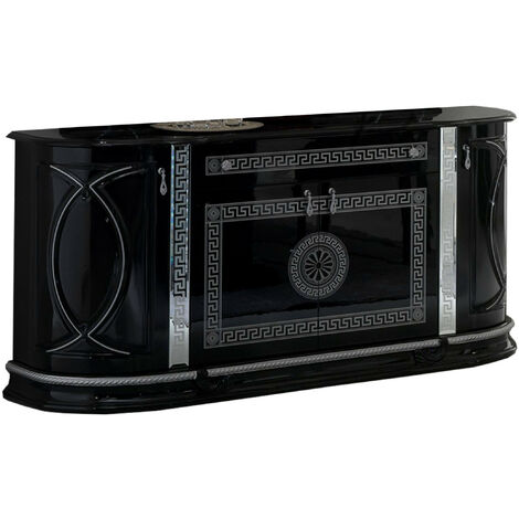 Buffet 4 portes 1 tiroir bois vernis laqué brillant noir et gris Venus 163cm