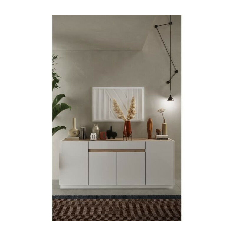 Calicosy - Buffet firenze - Décor Blanc Laqué et Chene Cadiz - 4 portes 1 tiroir - L205 x P40 x H87 cm