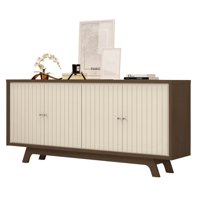 Buffet 4 Portes 180 cm Blanc Ecru et Chêne Foncé l 180 h 80.5 p 35.7 cm