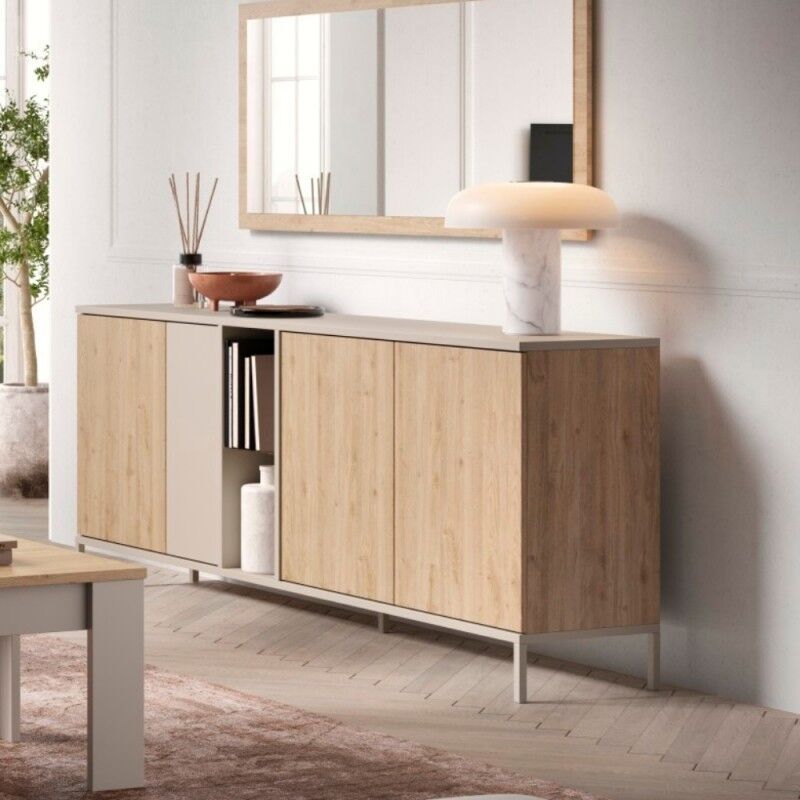 Toscohome - Buffet 4 portes double couleur cachemire et chêne cadiz 210x86H cm - Brando