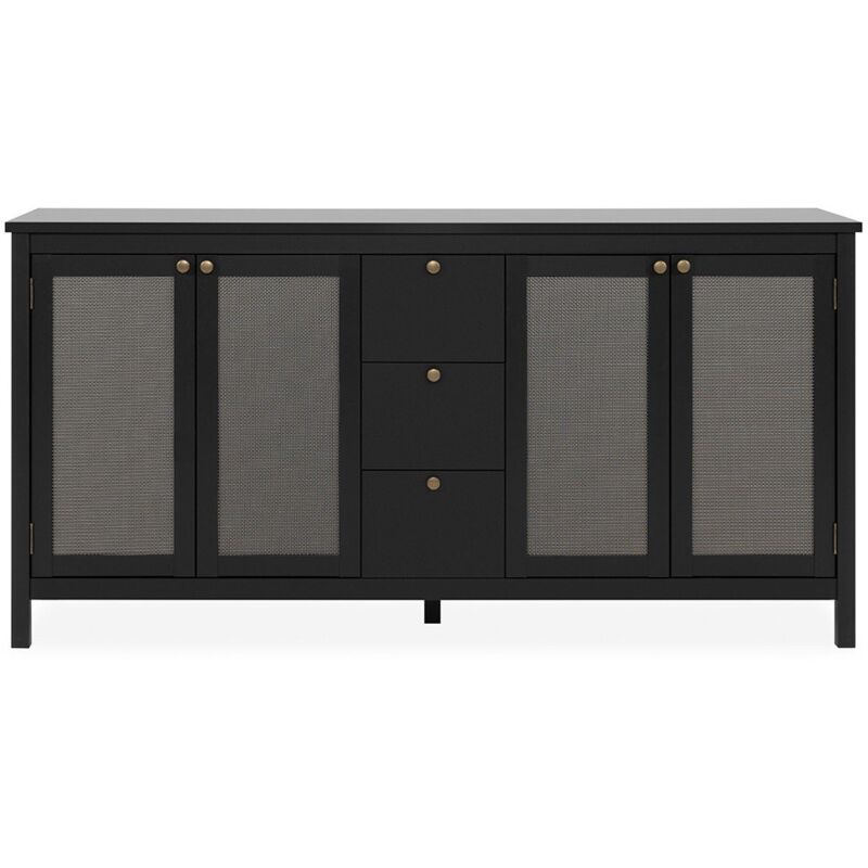 Buffet 4 portes et 3 tiroirs noir et cannage L180 cm - krakow - Calicosy