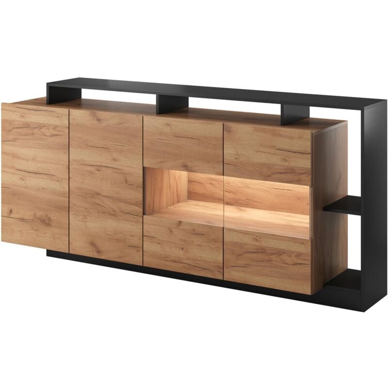 Buffet 4 portes et 4 niches avec LEDs - Naturel clair et Anthracite - IDESIA