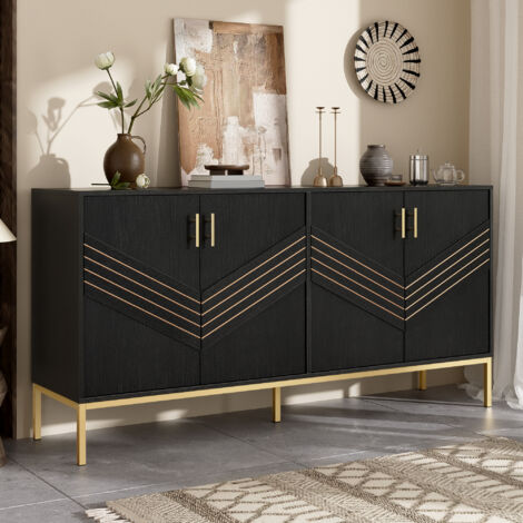 Buffet 4 portes, meuble de rangement, étagères réglables, poignées et pieds en métal, MDF, 160×40×80,5cm, noir