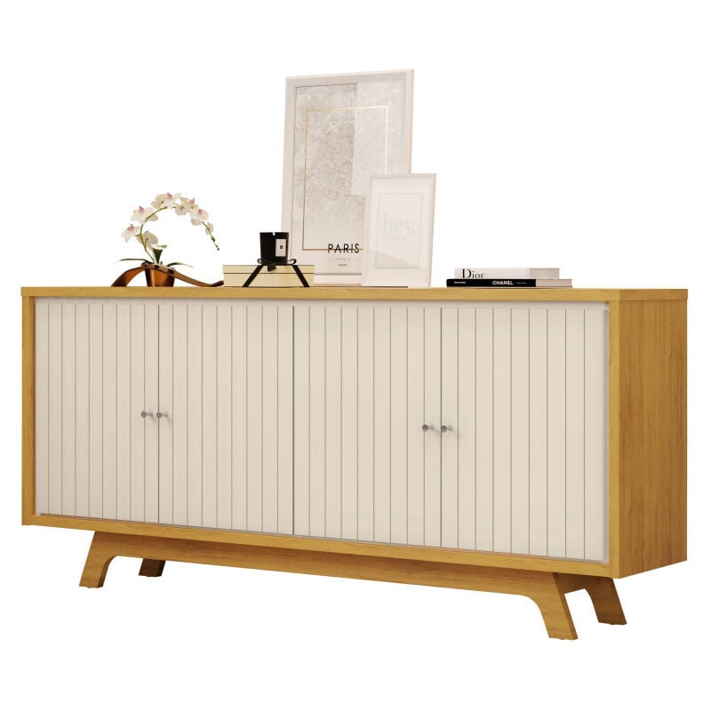 Beaux Meubles Pas Chers - Buffet 4 Portes Miel et Blanc Ecru 4 NIches l 180 h 80.5 p 35.7 cm