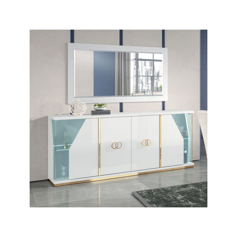 Buffet 4 portes + miroir Blanc brillant/Or à led - gove - Buffet : l 180 x l 44 x h 83 cm Miroir : l 140 x l 80 cm