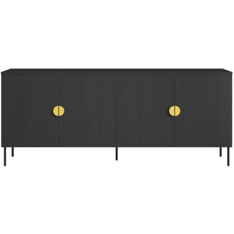 Buffet 4 portes MONDO – Noir mat, pieds métal et poignées dorées – Design moderne