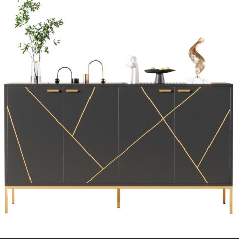 Buffet 4 Portes Noir Buffet Bas de Salon Style Moderne Meuble de Rangement 150x40x80 cm Pieds en Métal Commode
