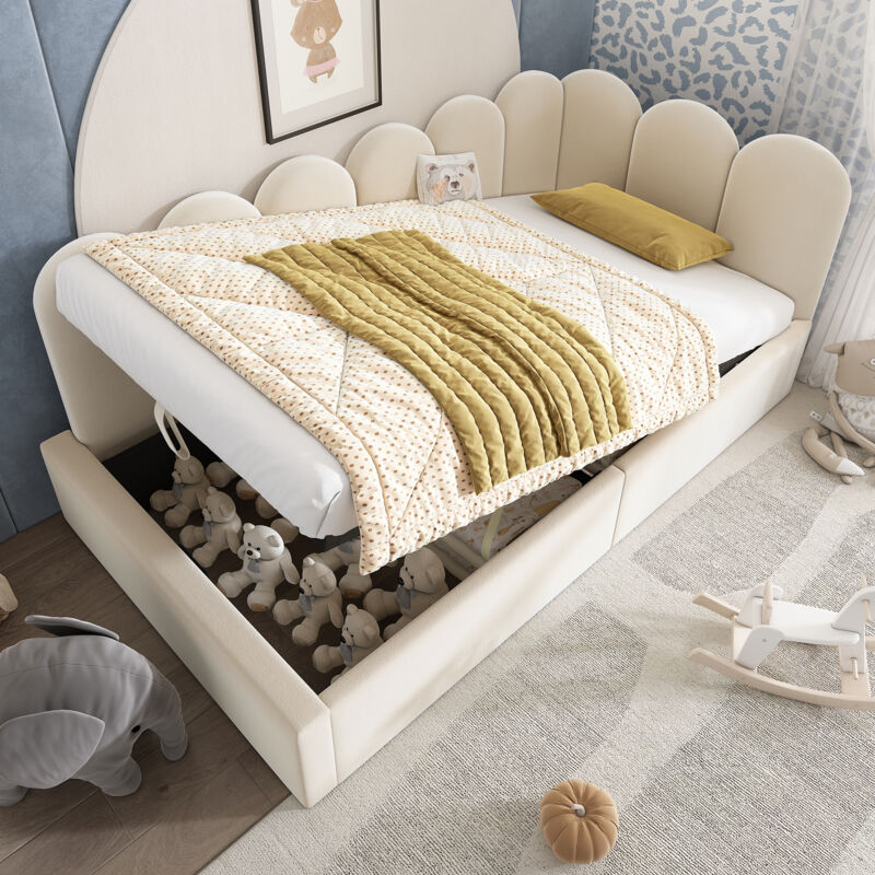 Lit 90x190 cm, Lit simple pour enfant, avec coussins et rangements, sans matelas, velours, beige