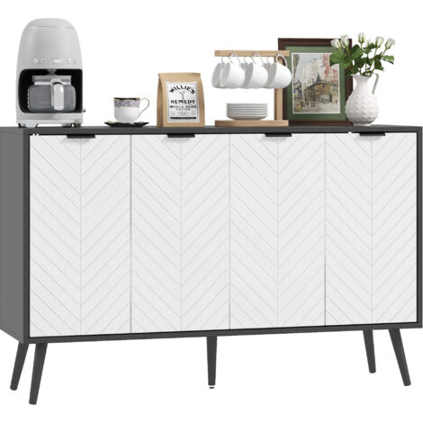 Buffet 4 portes salon étagères réglables pieds bois pour cuisine, noir/blanc 120x35x77,4 cm