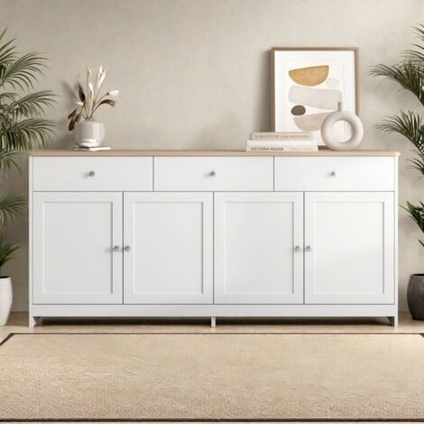 Buffet - 4 puertas y 3 cajones - Blanco y madera - 160x37x75 cm - Estilo rústico moderno