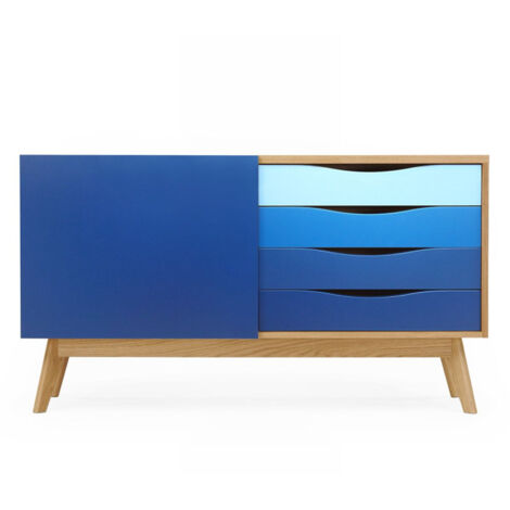 Buffet 4 Tiroirs & 1 Porte "Avon" 128cm Chêne & Bleu Foncé