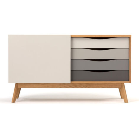 Buffet 4 tiroirs & 1 porte "Avon" 128cm Chêne & Gris