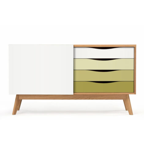 Buffet 4 tiroirs & 1 porte "Avon" 128cm Chêne & Vert
