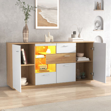 Buffet 40x160x77cm LED 16 couleurs 2 portes 4 tiroirs grand rangement cadre MDF Couleur naturelle et blanc