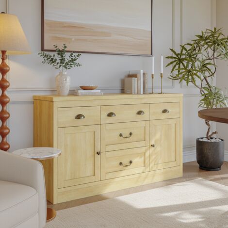 Buffet 5 tiroirs 2 charnières portes- Poignées en métal de 3 formes - étagères réglables - 135x39x80 cm - bohème - couleur bois naturel
