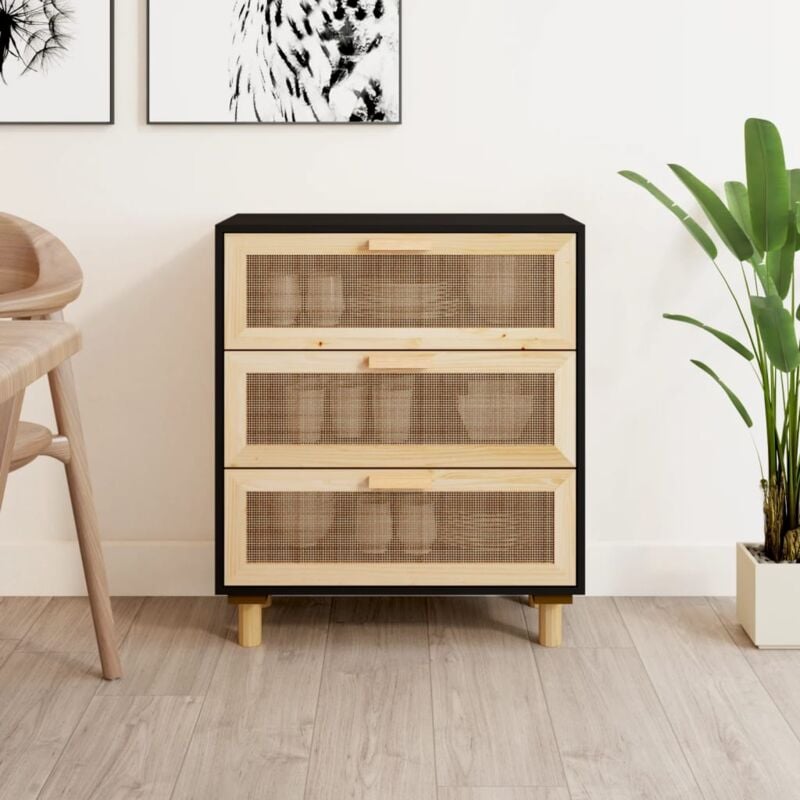 Vidaxl - Buffet Noir 60x30x70 cm Bois de pin massif et rotin naturel