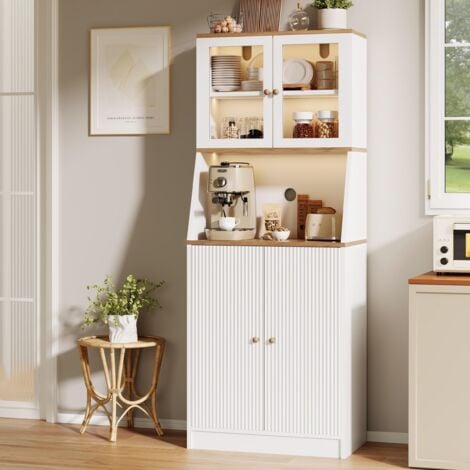 EIFSON Buffet 70x40x180 cm - avec éclairage LED - portes vitrées - poignées en chêne - étagères réglables - convient pour cuisine et salon - Blanc