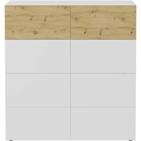 CALICOSY Buffet 8 cassetti bianco lucido e decoro quercia Belm 5 - L109 x H115 cm